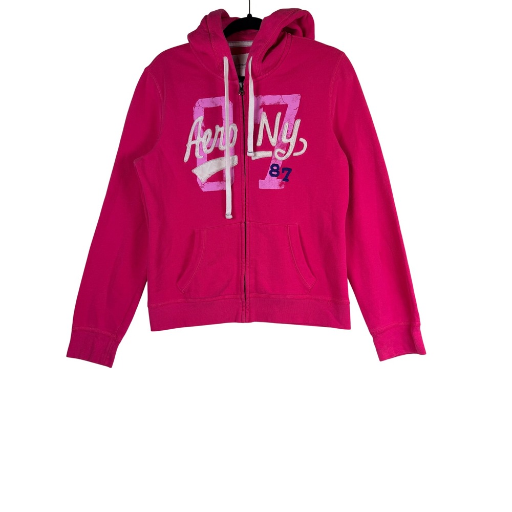 Aeropostale Womens Pink 87 Aero NY Graphic Full Zip Hoodie XL Y2K Collegiate